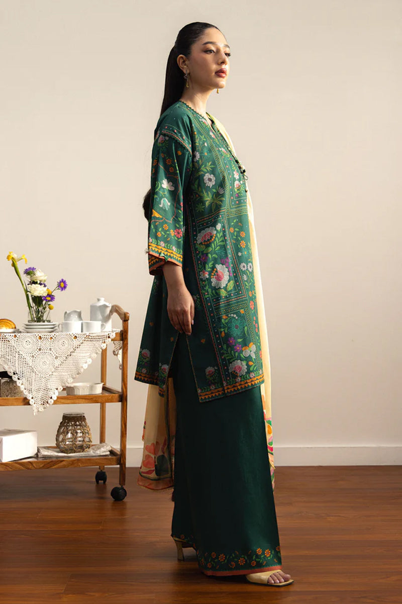 COCO By Zara Shahjahan - 3-Piece Unstitched Printed Lawn Suit (Forest Green & Beige)