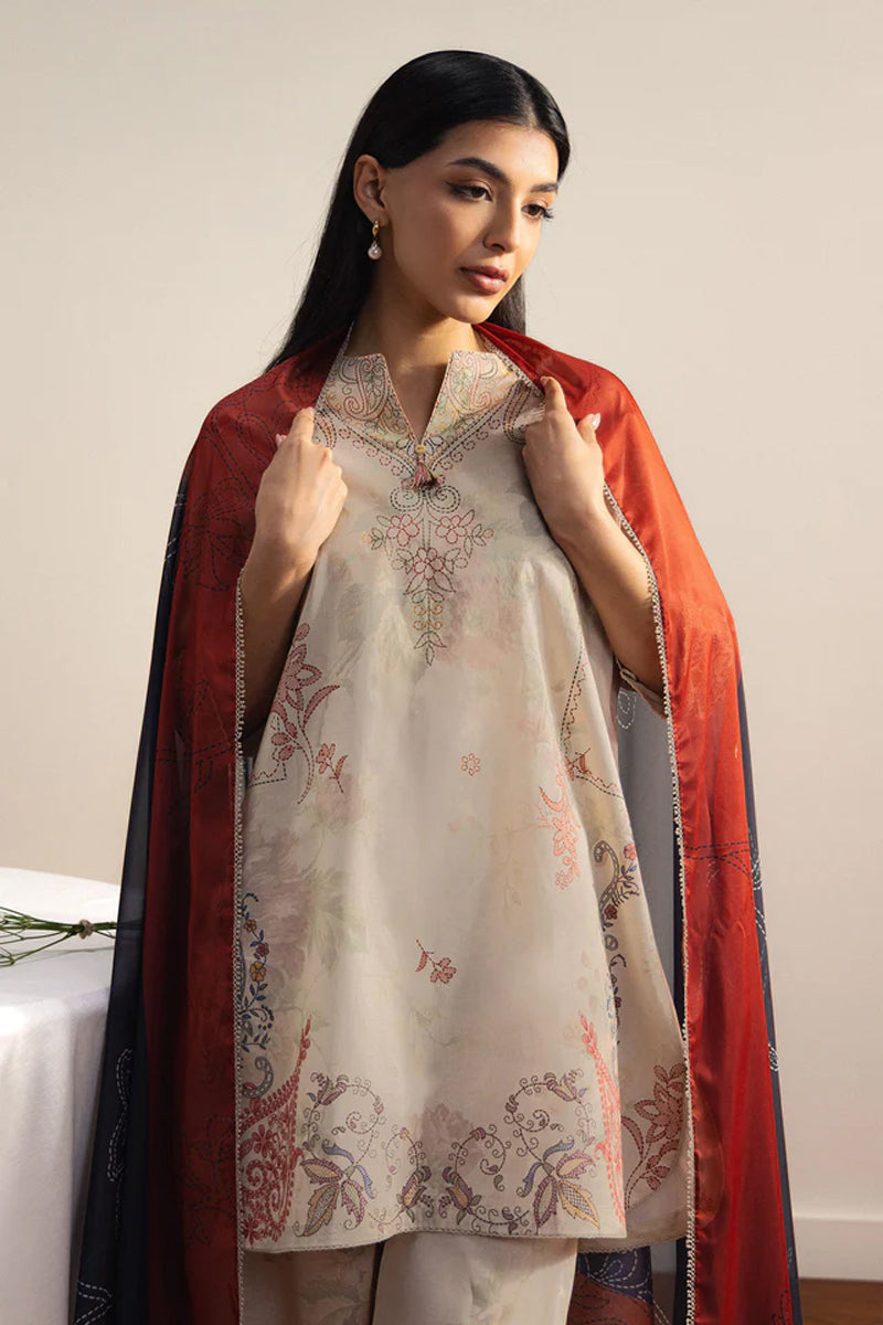 COCO By Zara Shahjahan - 3-Piece Unstitched Printed Lawn Suit (Muted Taupe)