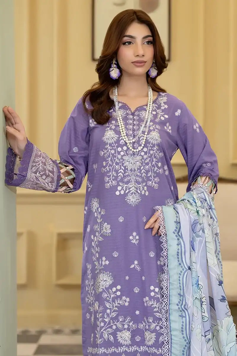 Elvia By Johra - 3PC Unstitched Embroidered Lawn Suit (Purple)
