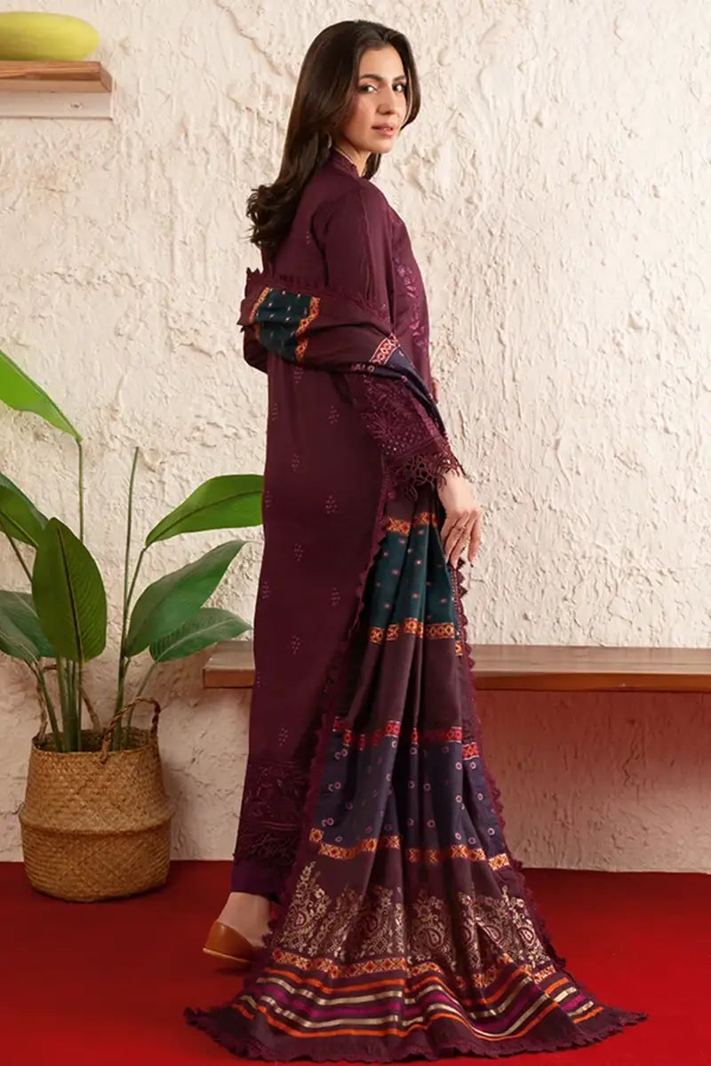 Poshak By Johra - 3 Piece Unstitched Embroidered Lawn Suit (Deep Plum)