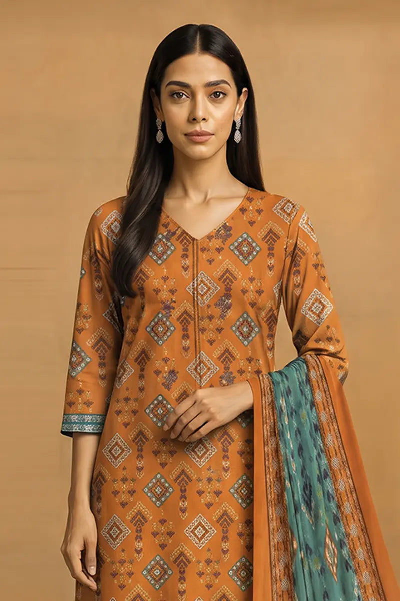 Sapphire Lawn Vol.08 - 3PC Unstitched Printed Lawn Suit (Rust Ochre)