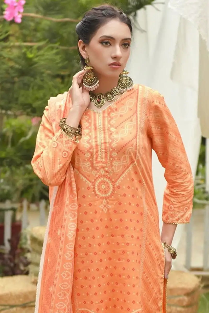 MJ IZHAN Unstitched 3-Piece Lawn Collection (Soft Orange)