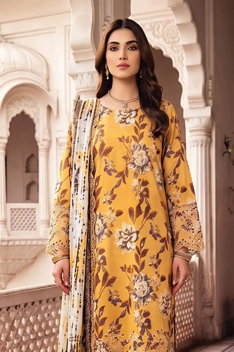 Zesh - 3PC Unstitched Embroidered Lawn Suit (Mustard)