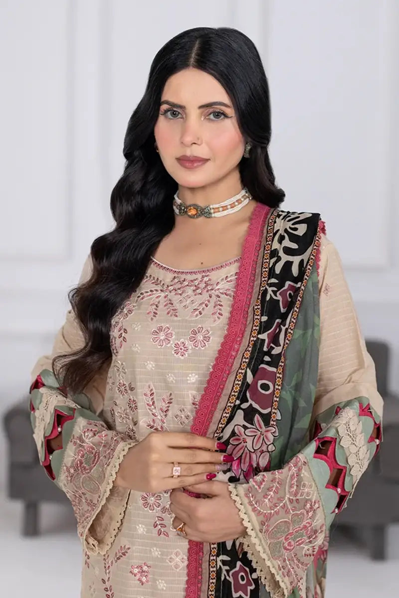 Muswa By Johra - 3PC Unstitched Embroidered Lawn Suit (Sand Beige)