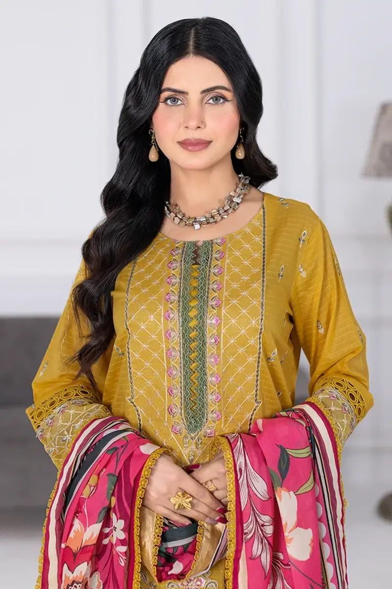 Muswa By Johra - 3PC Unstitched Embroidered Lawn Suit (Mustard Yellow)