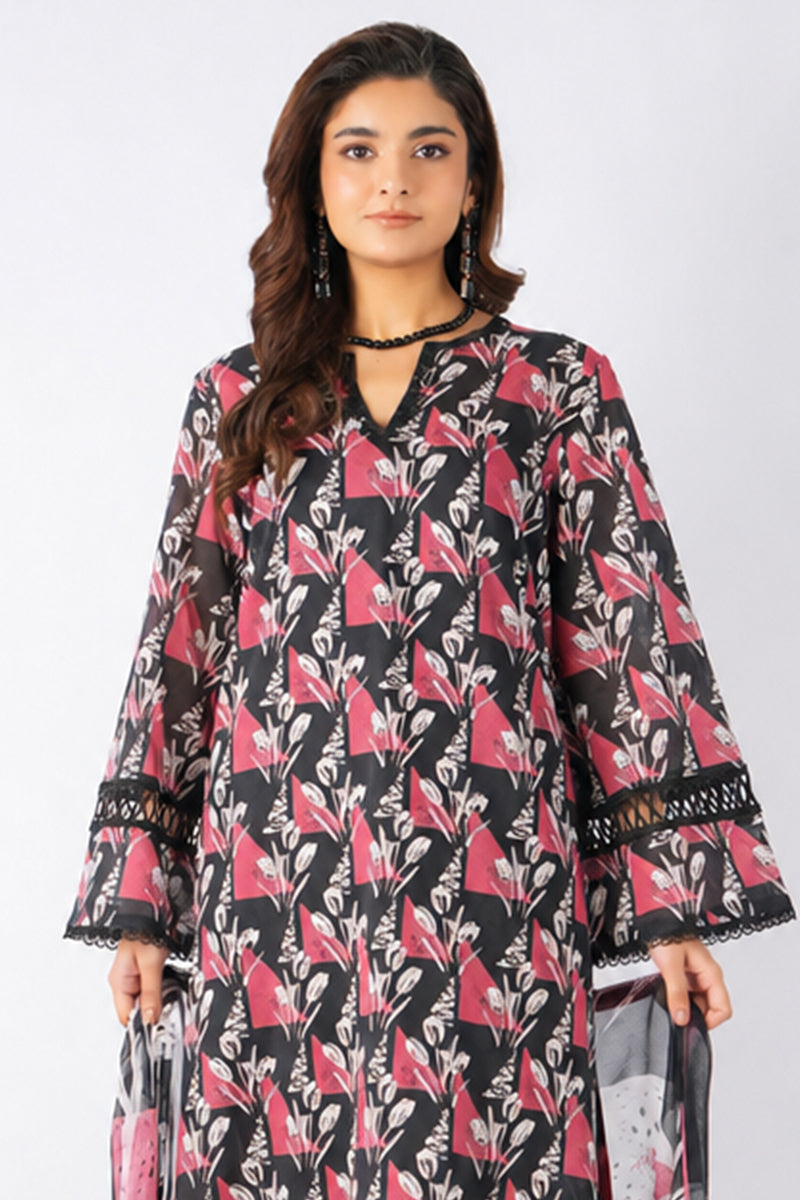 Nishat (Vol.4) - 3pc Unstitched Digital Embroidered Printed Lawn (Jet Black & Dark Rose)