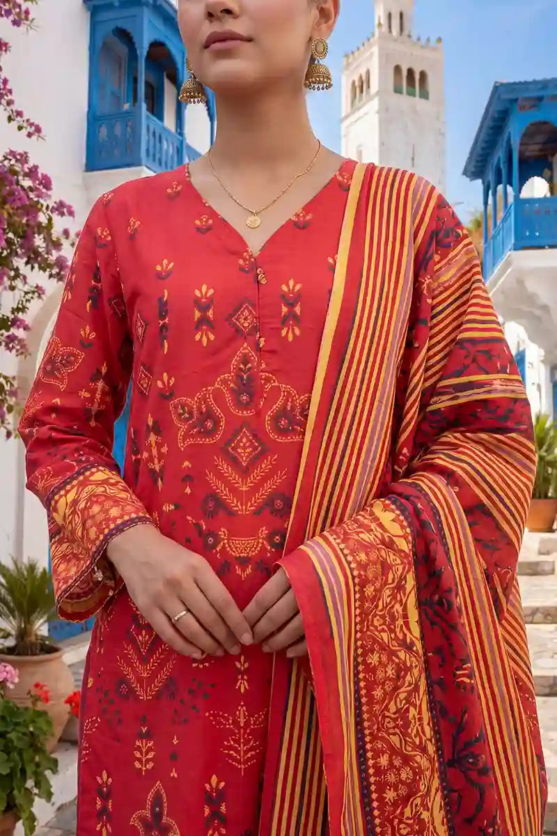 Aabruh Vol-1 3PC Unstitched Printed Lawn Suit (Strawberry & Warm Coral)