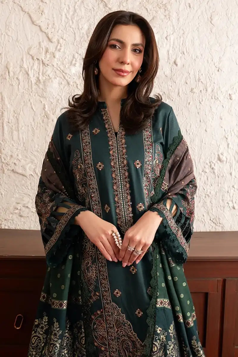 Poshak By Johra - 3 Piece Unstitched Embroidered Lawn Suit (Deep Teal Green)