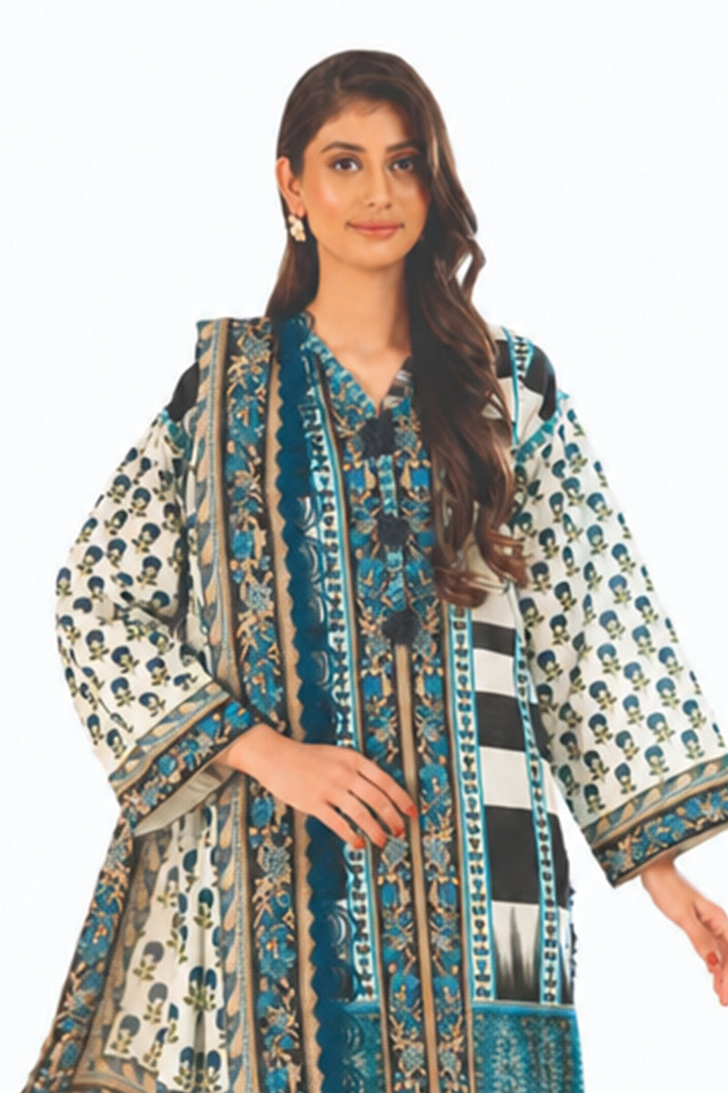 Khaadi – 3 Piece Unstiched Printed Lawn Suit (Bright Teal & Off White)