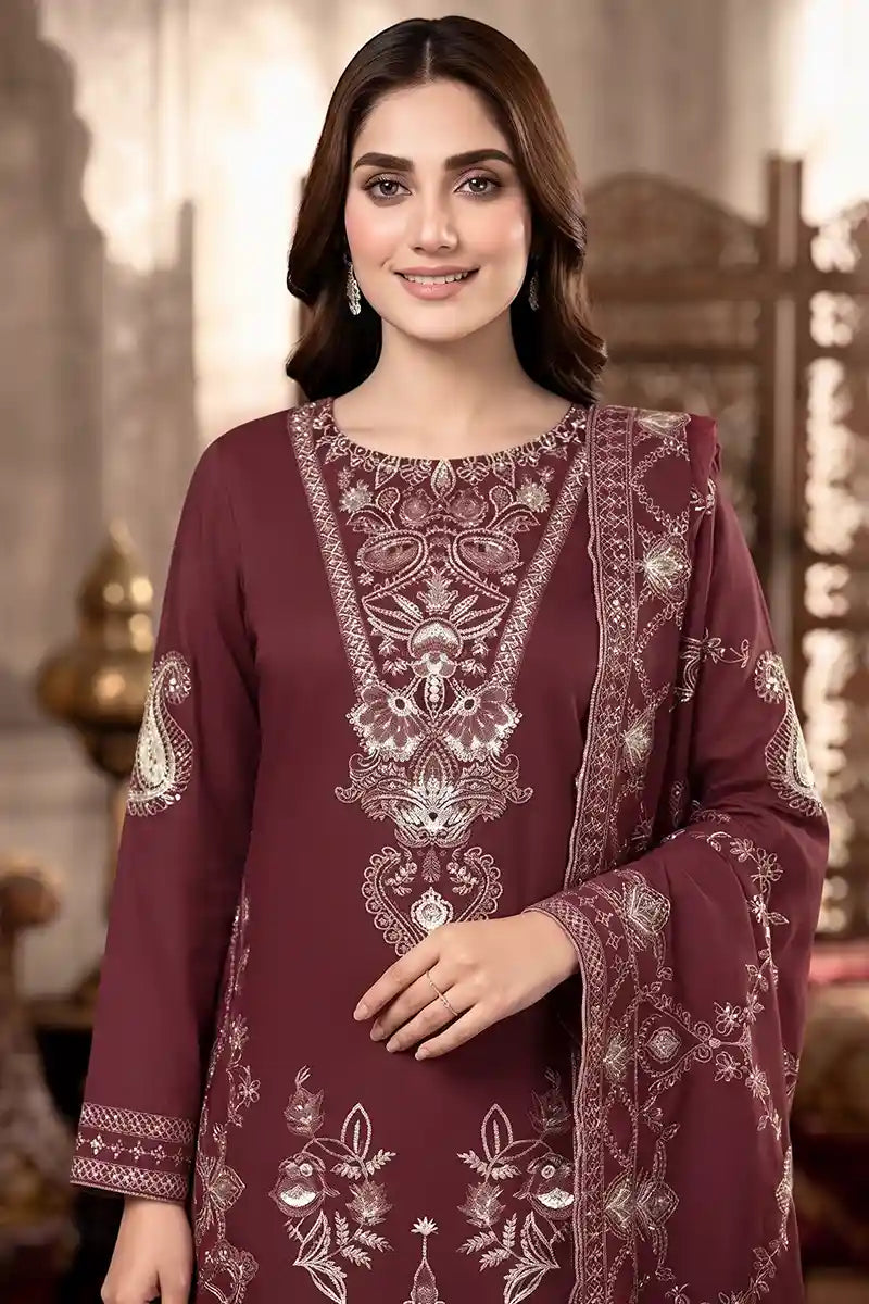 Shah Jaha by Breeza Fashion - 3PC Unstitched Embroidered Lawn Suit (Deep Plum)