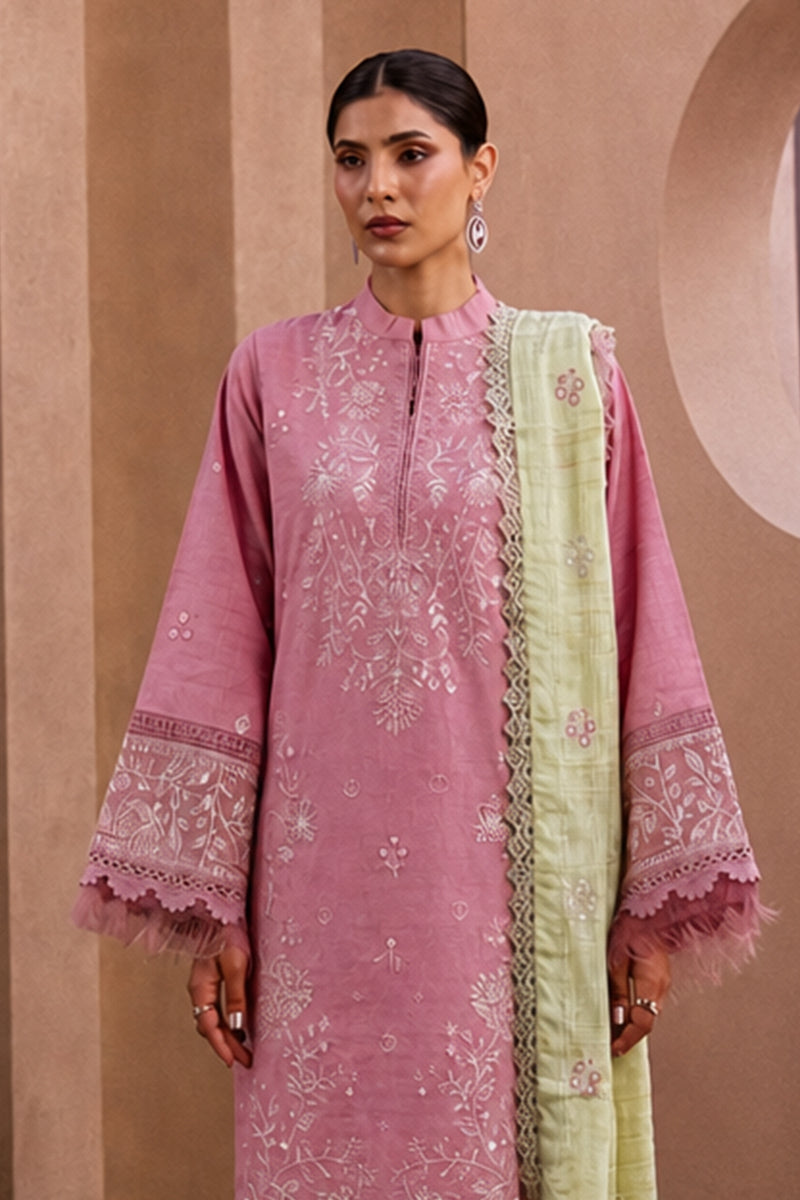Mahrin By Johra - Premium 3PC Unstitched Embroidered Lawn Suit (Mauve Pink & Pistachio)