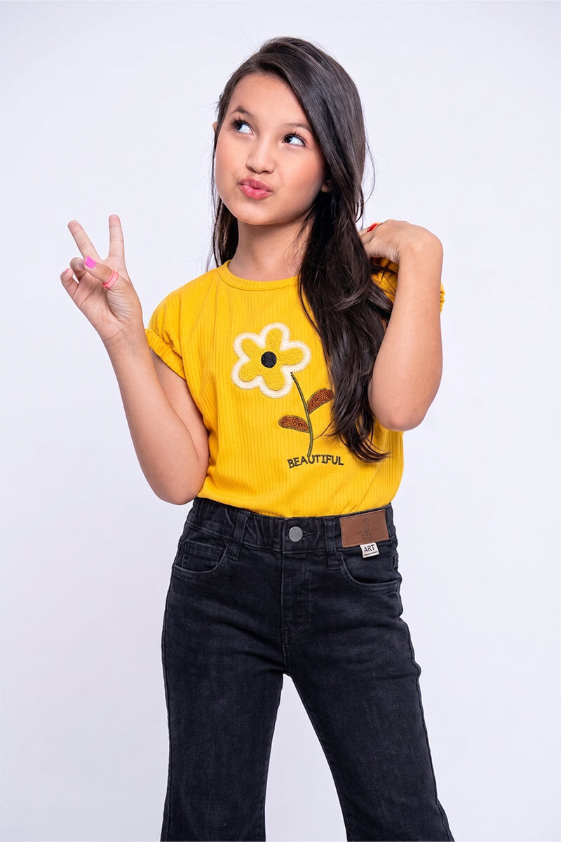 Girls' Embroidered 'Beautiful' Flower (Yellow)