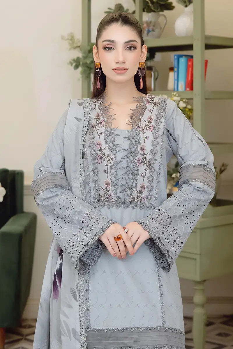Emerald By Johra - 3 Piece Unstitched Embroidered Chikankari Lawn Suit (Icy Slate)