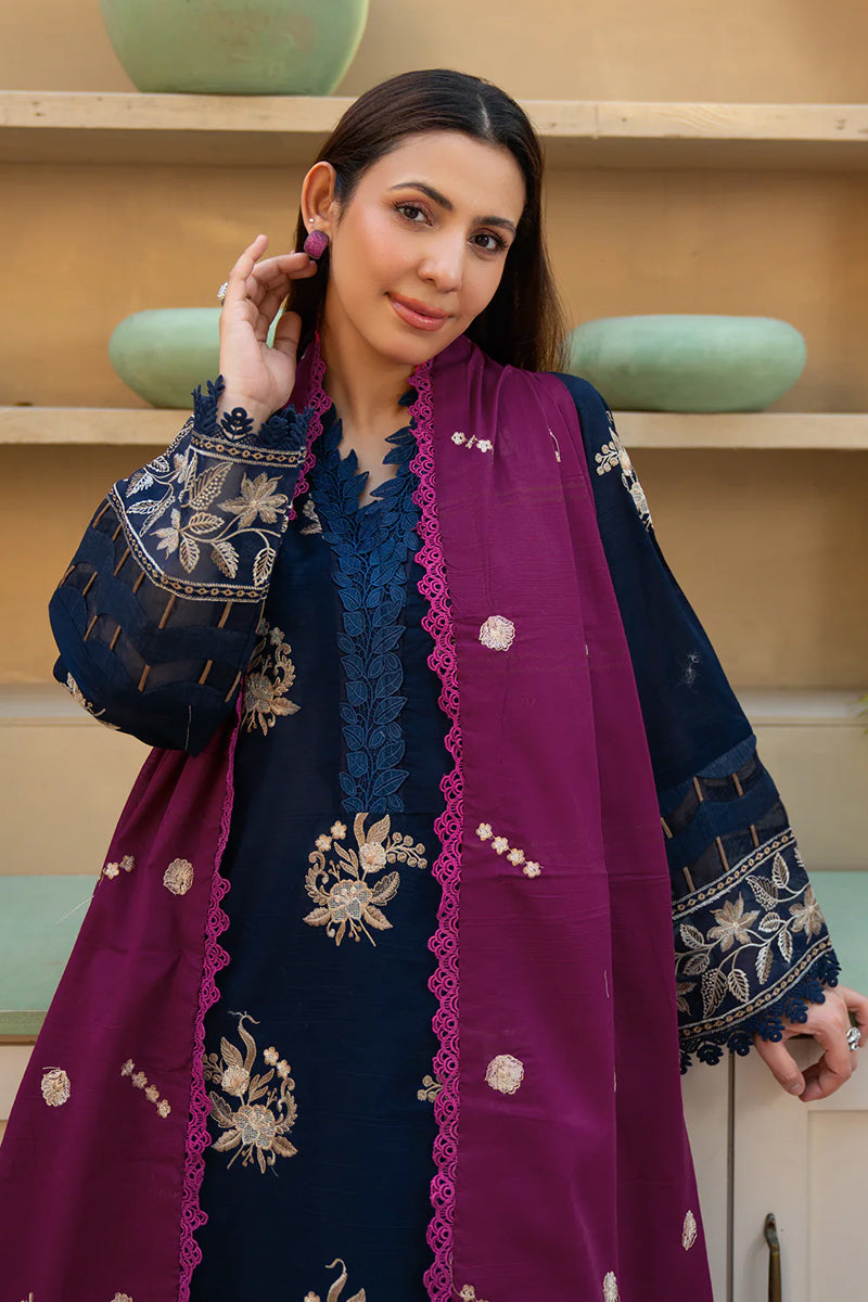Khimar By Johra - 3PC Unstitched Embroidered Lawn Suit (Navy Blue & Purple)