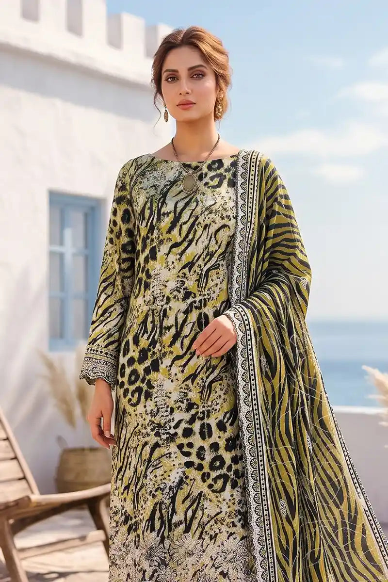 Zesh - 3PC Unstitched Embroidered Lawn Suit (Lime Olive Green)