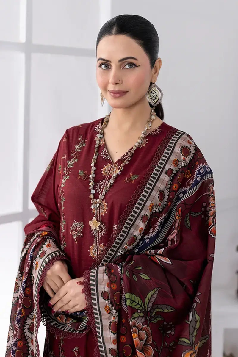 Muswa By Johra - 3PC Unstitched Embroidered Lawn Suit (Deep Maroon)