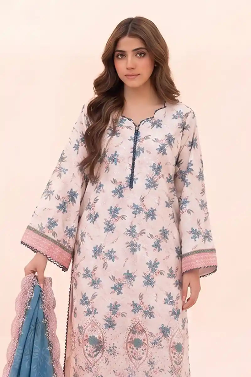 Zesh - 3PC Unstitched Embroidered Lawn Suit (Soft Powder Pink & Steel Blue)