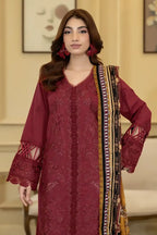 Elvia By Johra - 3PC Unstitched Embroidered Lawn Suit (Deep Maroon)