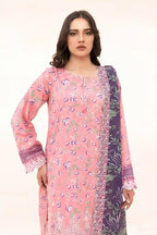 Zesh - 3PC Unstitched Embroidered Lawn Suit (Soft Rose Pink & Dark Purple)