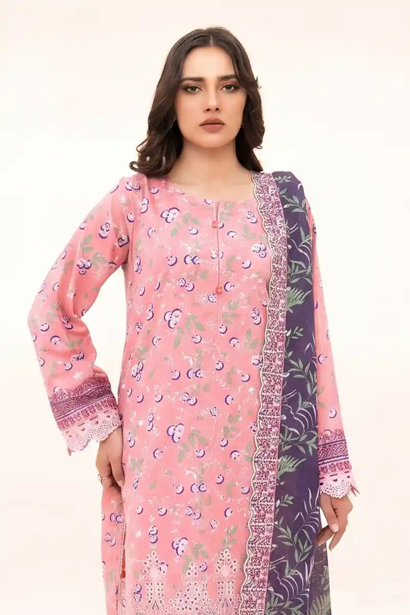 Zesh - 3PC Unstitched Embroidered Lawn Suit (Soft Rose Pink & Dark Purple)
