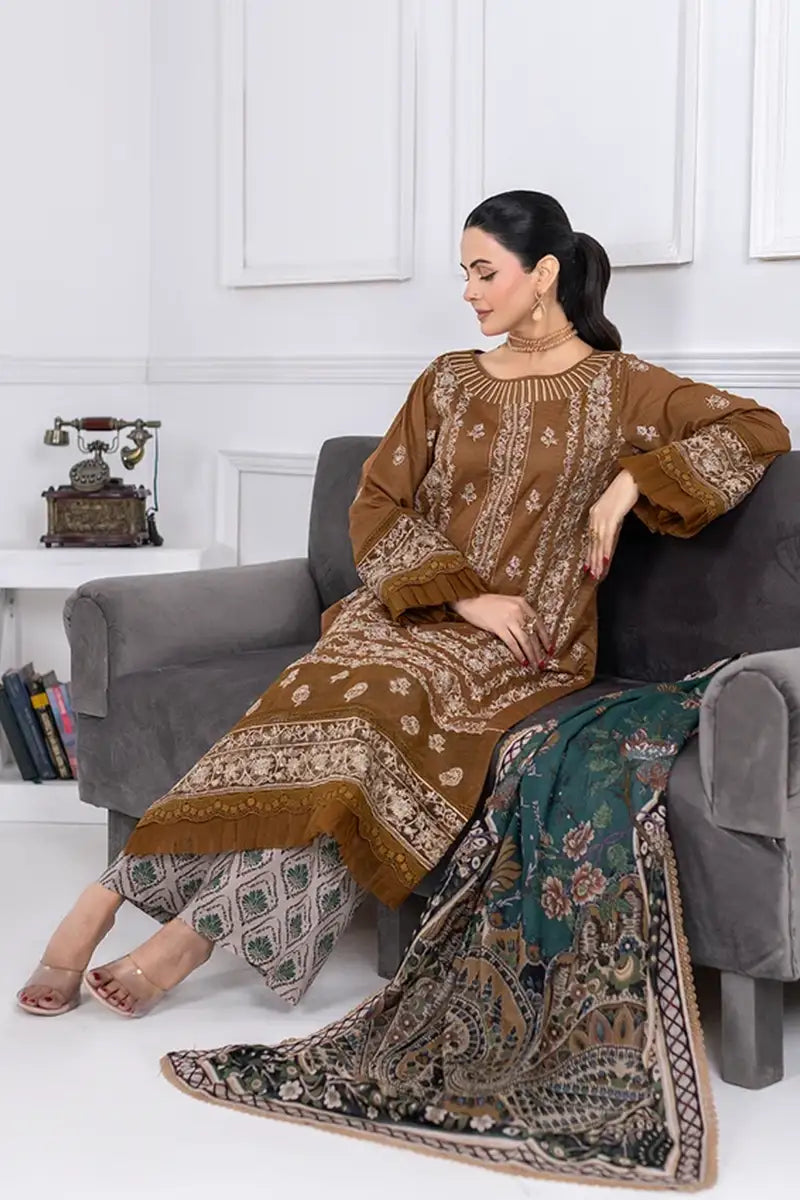 Muswa By Johra - 3PC Unstitched Embroidered Lawn Suit (Brown)
