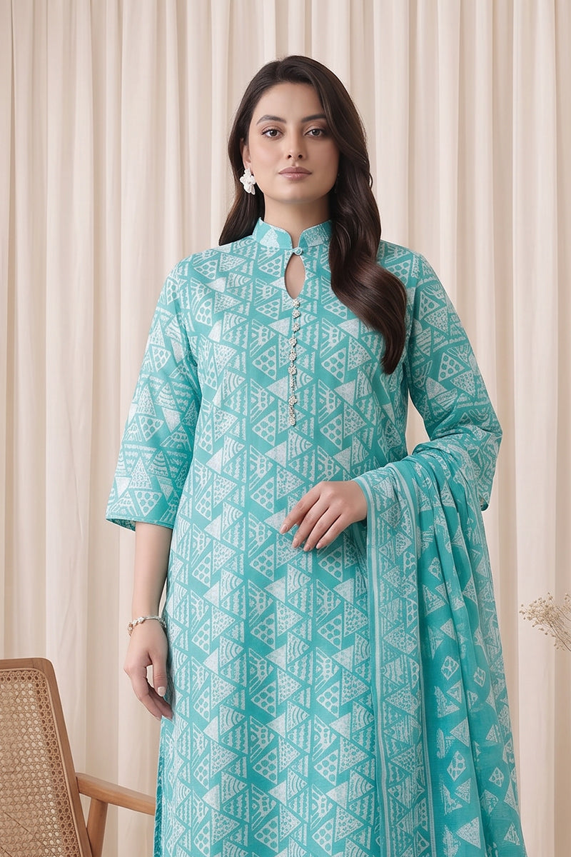 Gul Rang By Bareezé – 3-Piece Unstiched Printed Classic Lawn (Cyan)