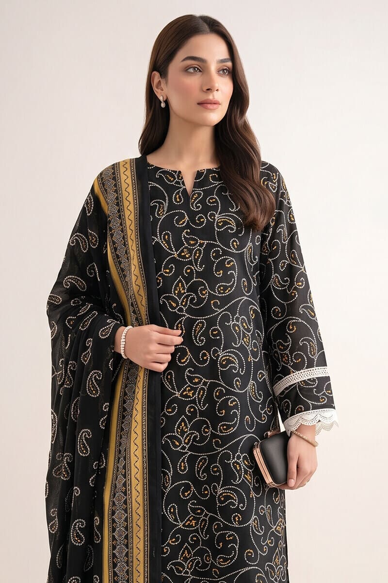 Sapphire (Vol.4) - 3PC Unstitched Printed Lawn Suit (Black)