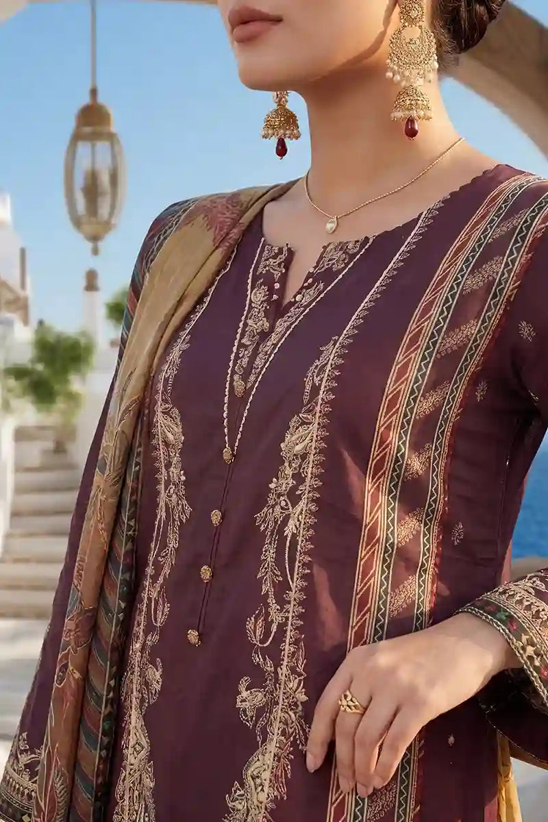 Aabruh Vol-1 3PC Unstitched Printed Lawn Suit (Dark Auburn & Midnight Navy)