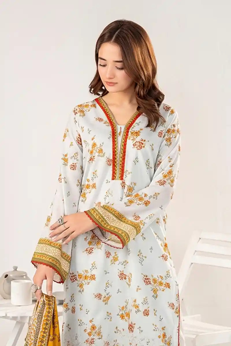 Zesh - 3PC Unstitched Embroidered Lawn Suit (Ice Blue & Mustard)