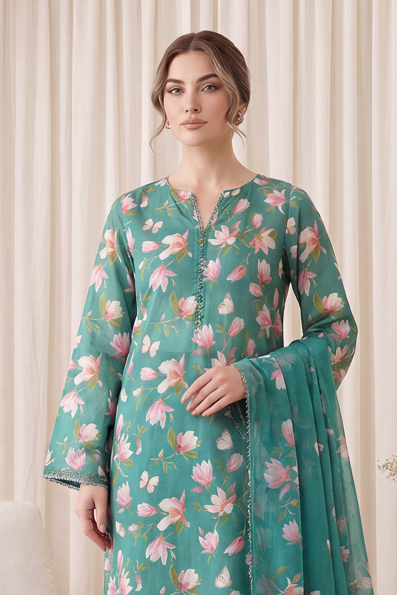 Gul Rang By Bareezé – 3-Piece Unstiched Printed Classic Lawn (Turquoise)