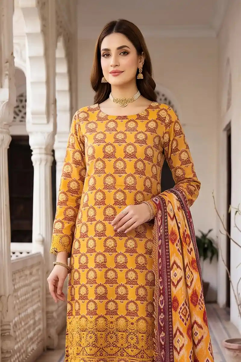 Zesh - 3PC Unstitched Embroidered Lawn Suit (Golden Ochre)