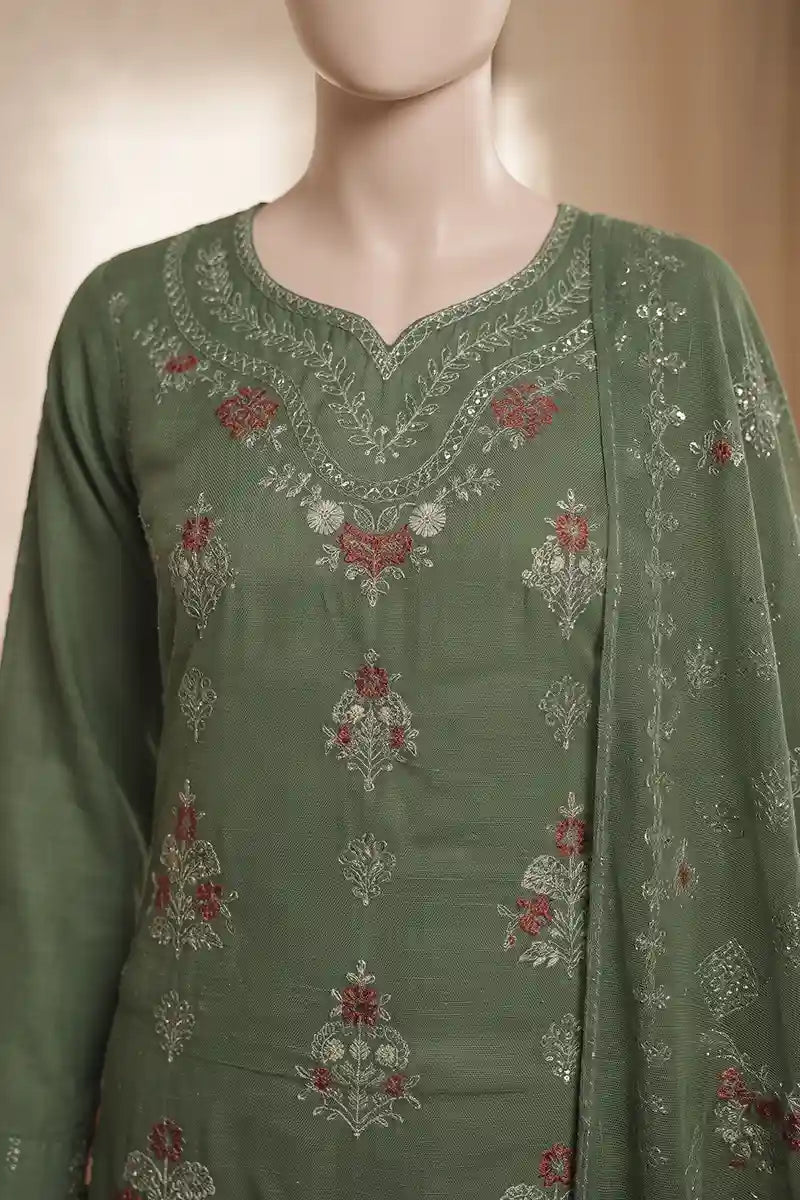 Noor by Breeza Fashion - 3PC Unstitched Embroidered Lawn Suit (Muted Olive Green)