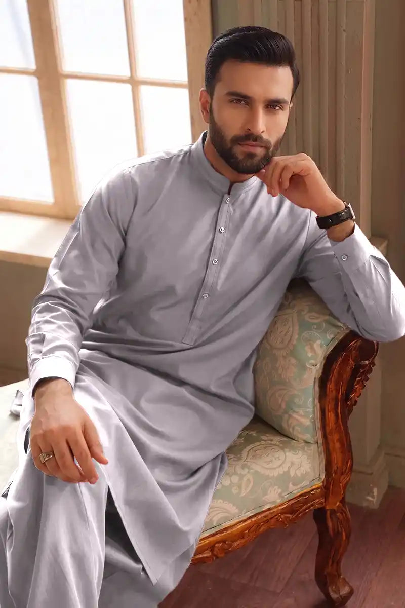 Premium Pasha Men’s Wash & Wear Unstitched Suit (Metallic Slate Grey)