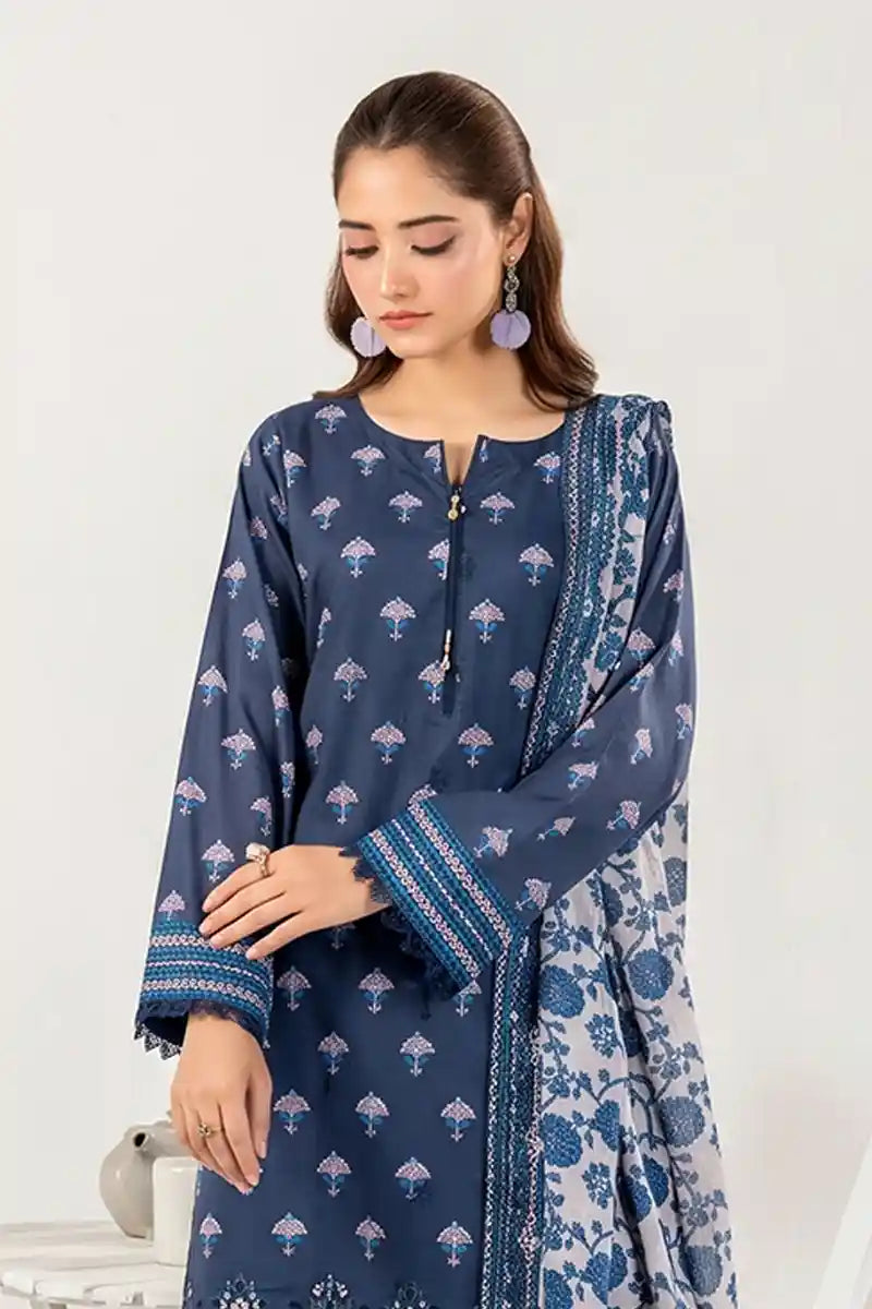 Zesh - 3PC Unstitched Embroidered Lawn Suit (Dark Steel Blue)