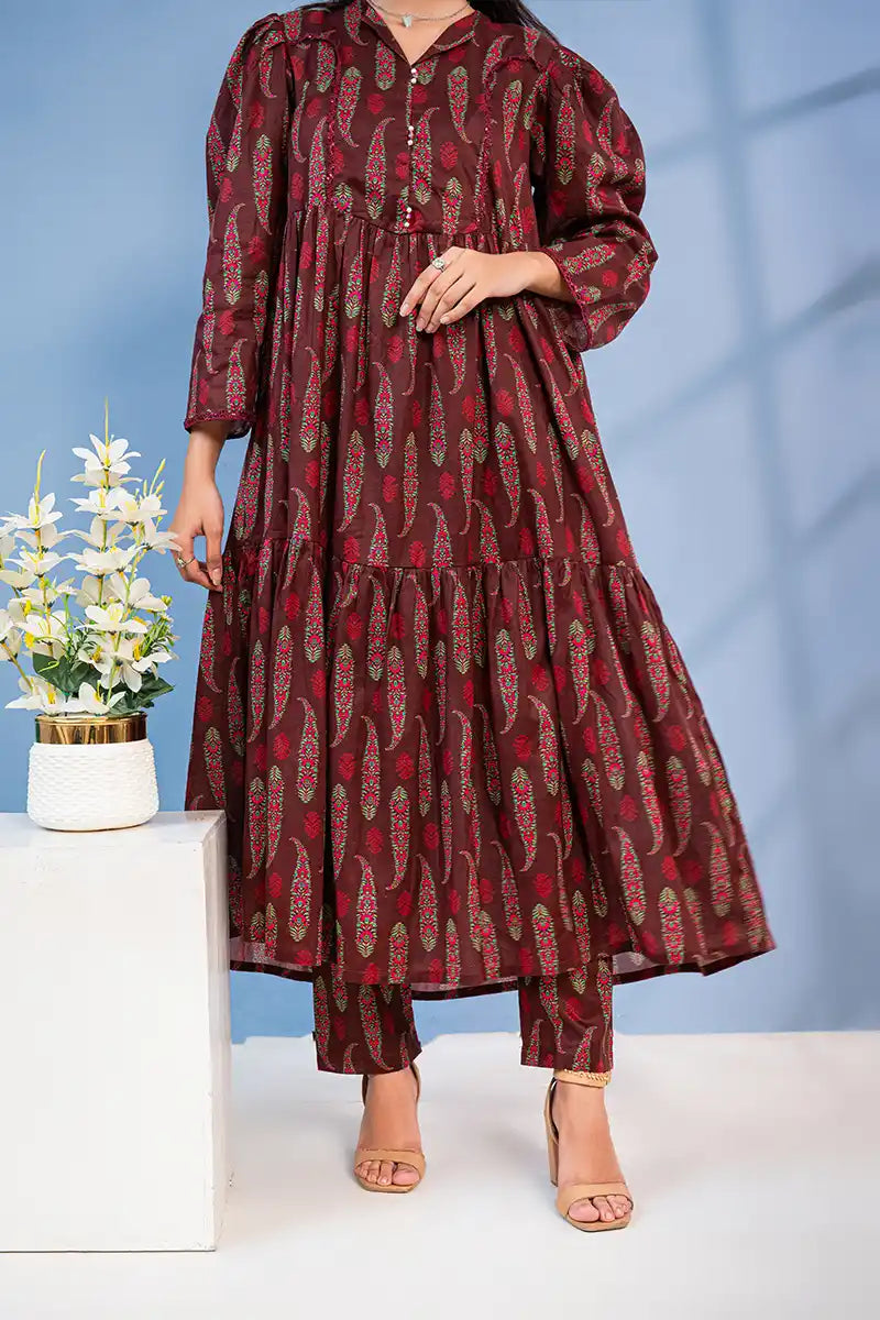 Naqsh Premium Printed Lawn Stitched Suit Set (Deep Maroon)