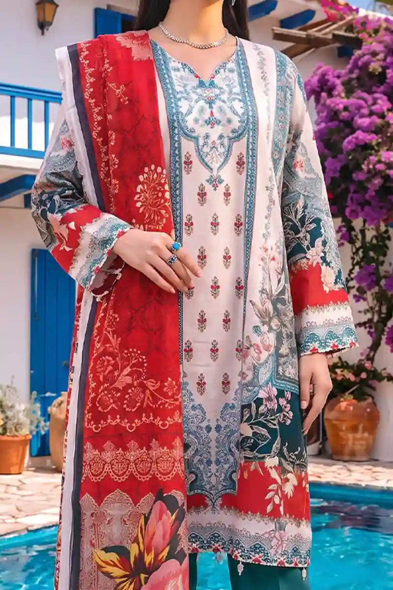 Aabruh Vol-1 3PC Unstitched Printed Lawn Suit (Seafoam, Red & White Flora)