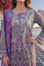 Aabruh Vol-1 3PC Unstitched Printed Lawn Suit (Pewter Gray & Vibrant Purple)