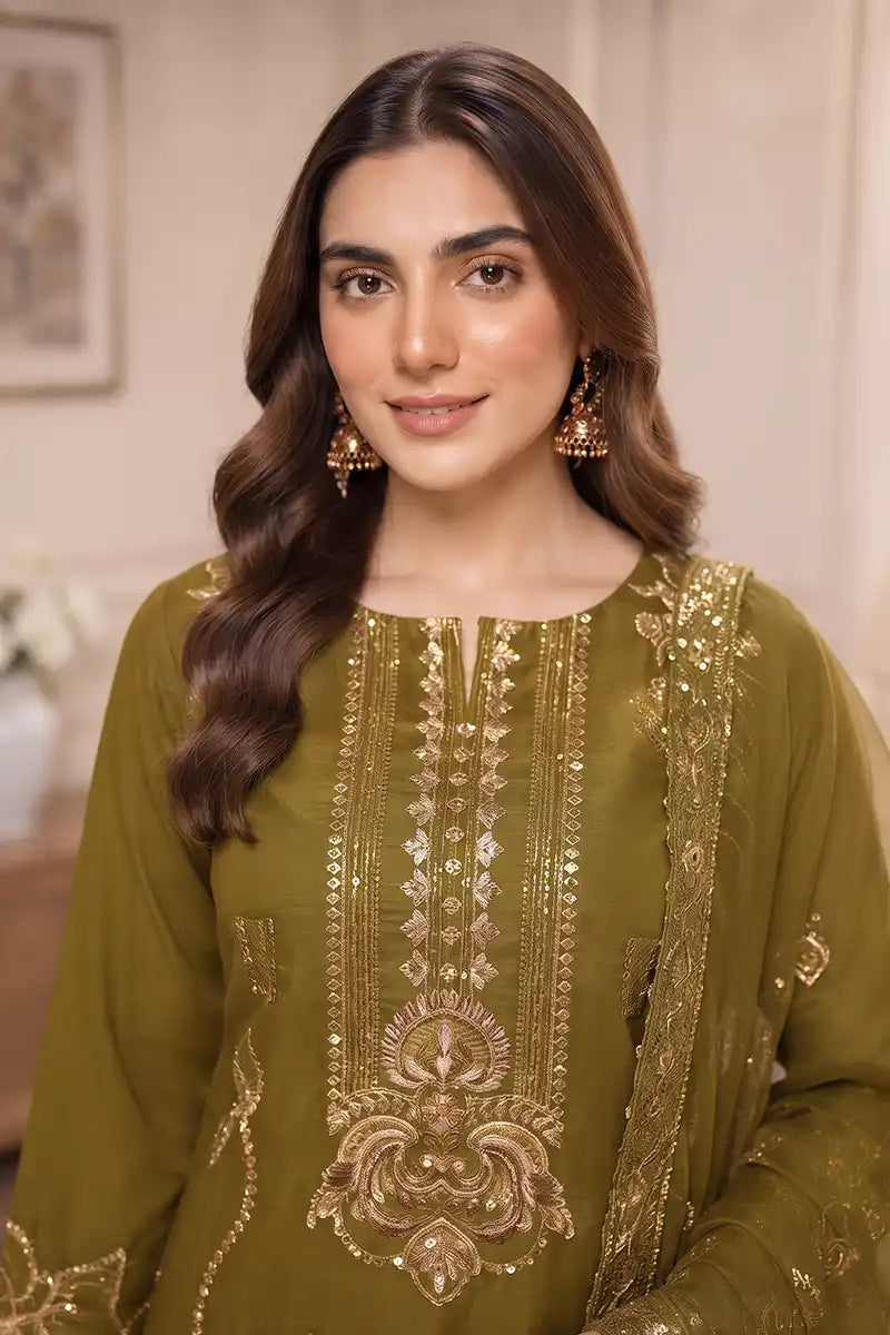 Sawan by Breeza Fashion - 3PC Unstitched Embroidered Lawn Suit (Olive Green)