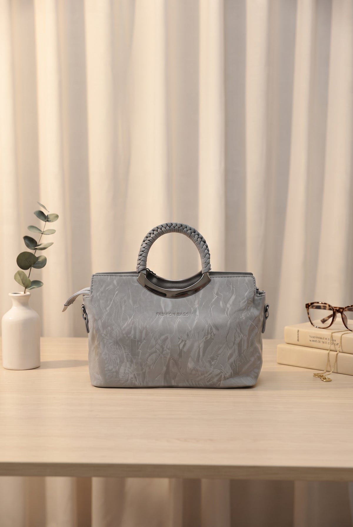 Top Handle Faux Leather Satchel Bag For Women (Cool Soft Grey)