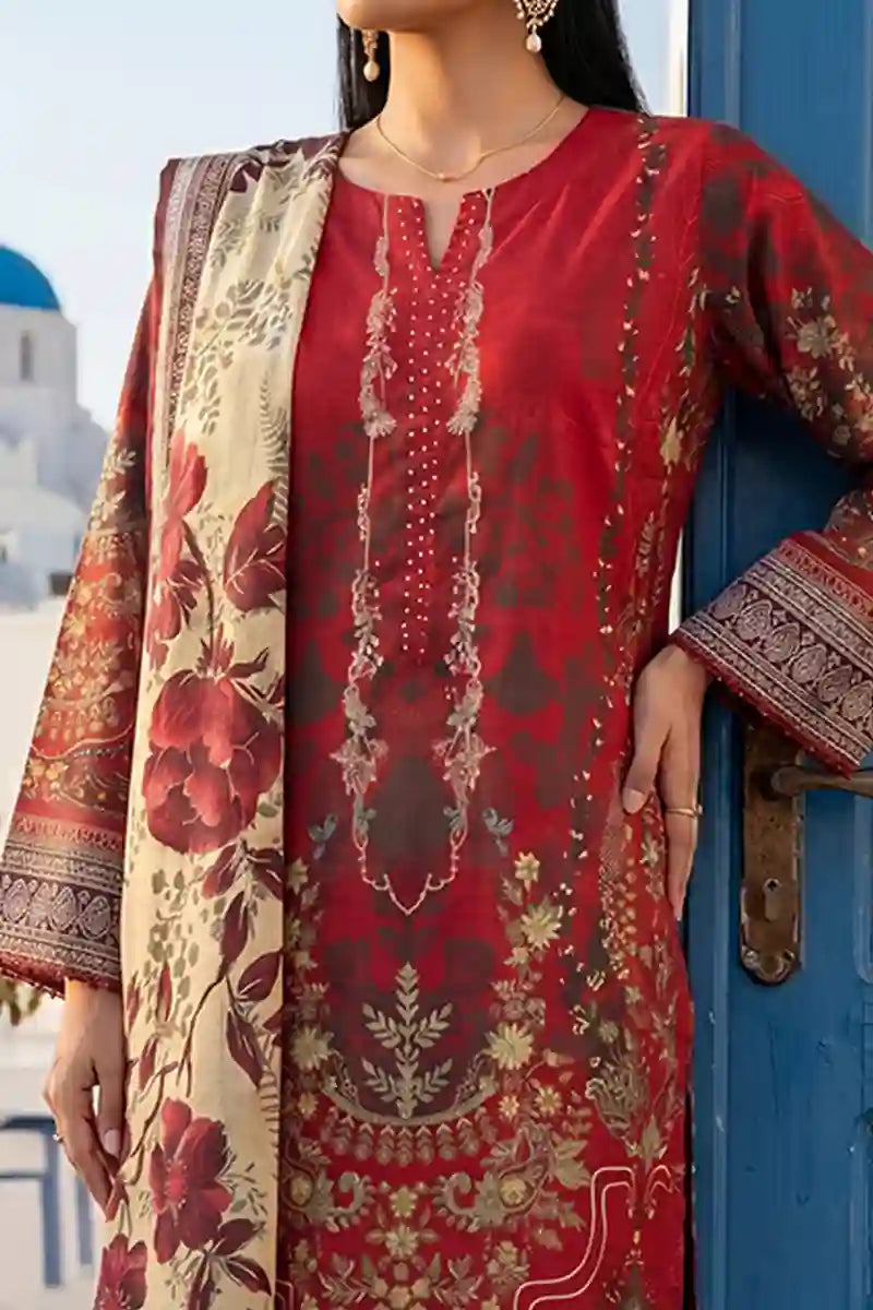 Aabruh Vol-1 3PC Unstitched Printed Lawn Suit (Deep Red Floral)