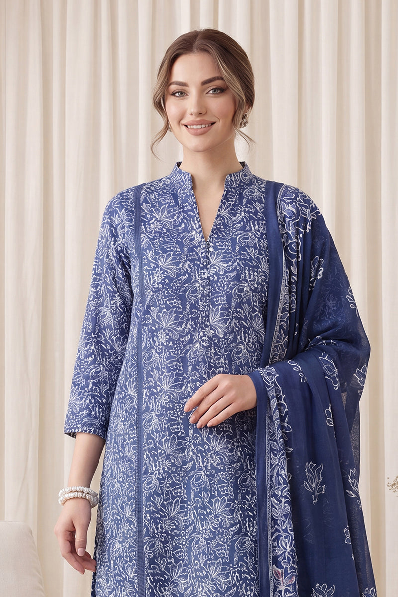Gul Rang By Bareezé – 3-Piece Unstiched Printed Classic Lawn (Royal Blue)