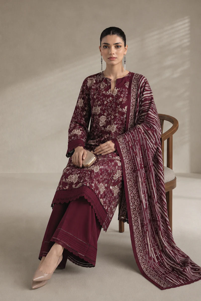 Khaadi – 3 Piece Unstitched Digital Printed Lawn Suit (Deep Maroon)
