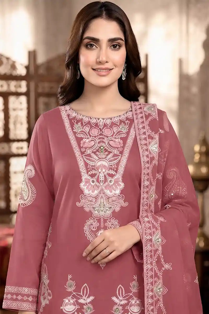 Shah Jaha by Breeza Fashion - 3PC Unstitched Embroidered Lawn Suit (Dusty Pink)