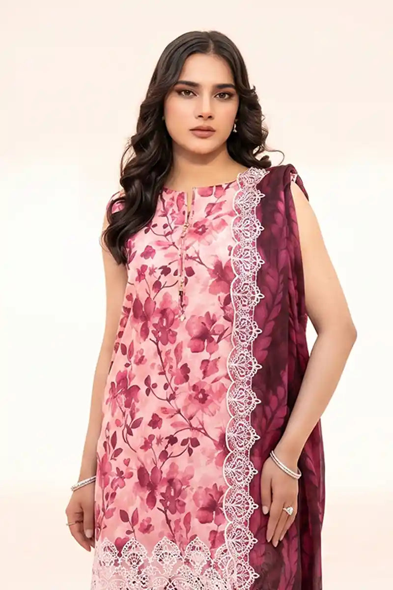 Zesh - 3PC Unstitched Embroidered Lawn Suit (Baby Pink & Wine)