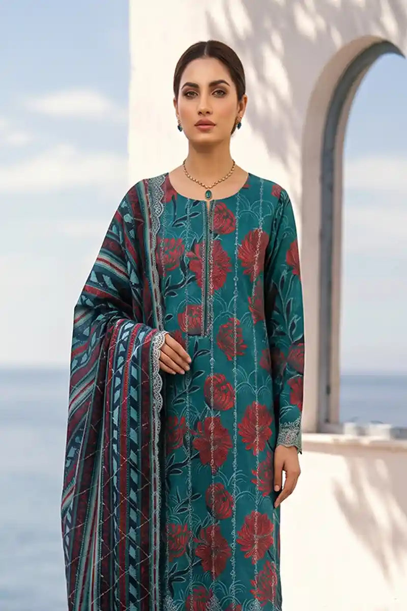 Zesh - 3PC Unstitched Embroidered Lawn Suit (Deep Sea Green)