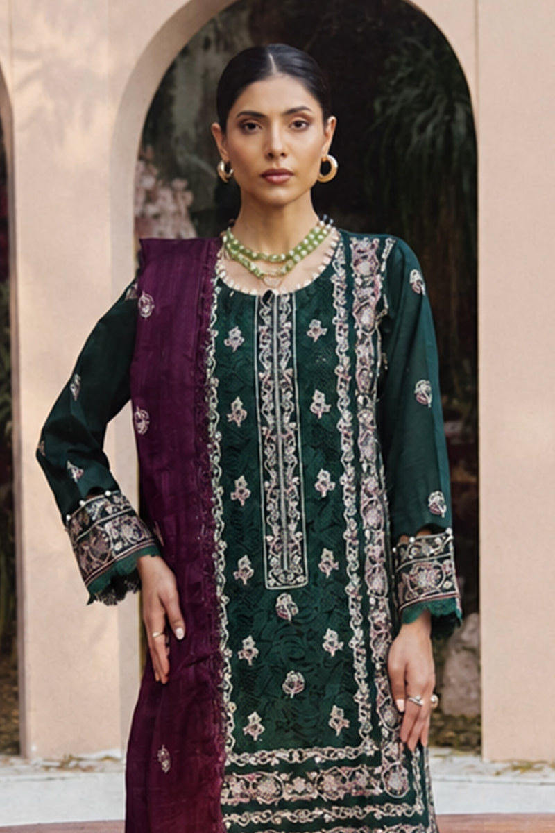 Mahrin By Johra - Premium 3PC Unstitched Embroidered Lawn Suit (Deep Emerald & Deep Plum)