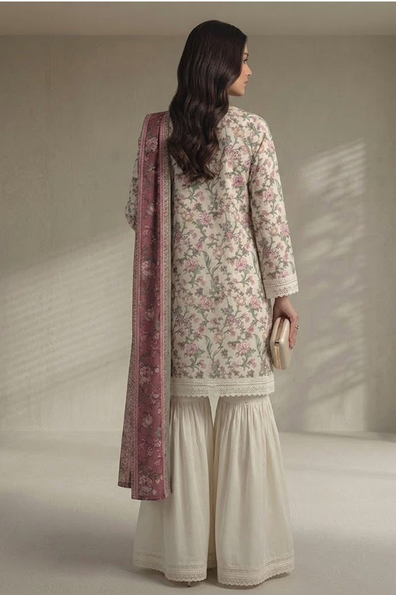 Khaadi – 3 Piece Unstitched Digital Printed Lawn Suit (White & Dark Mauve)