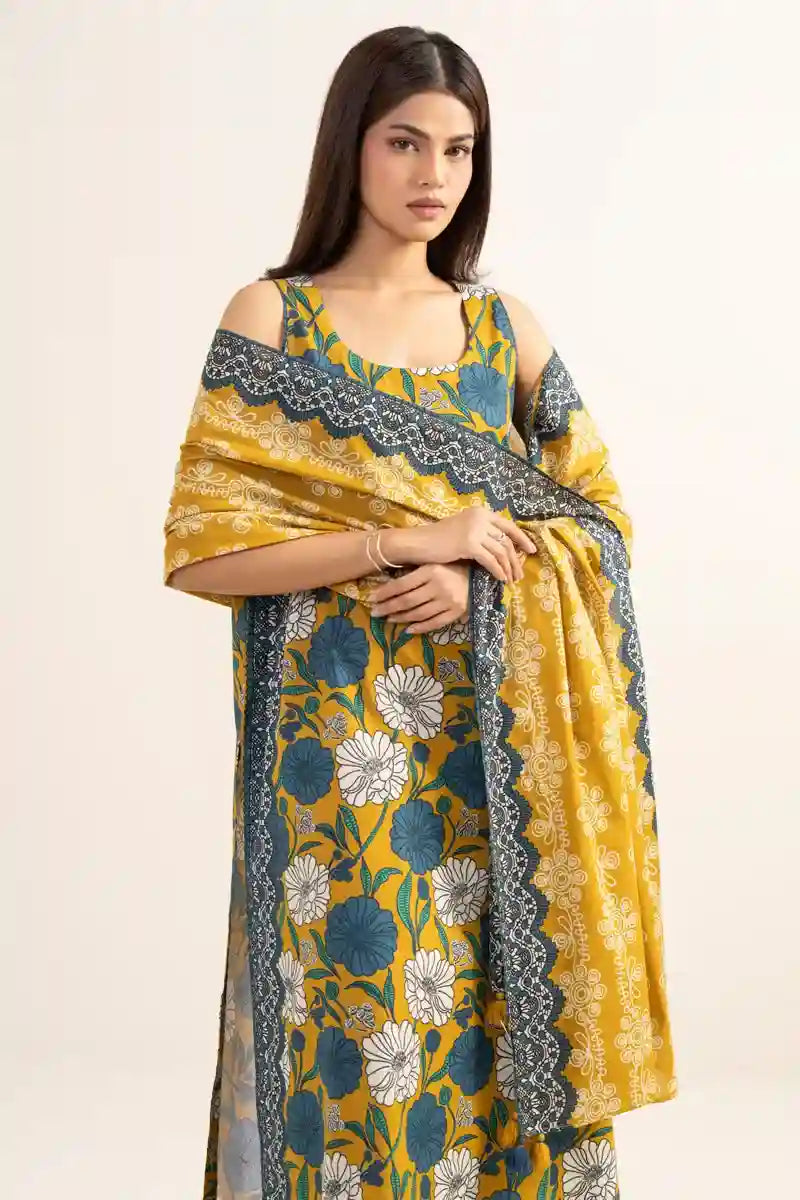 Sapphire Vol.7 - 3PC Unstitched Printed Lawn Suit (Mustard Yellow & Slate Blue Floral)