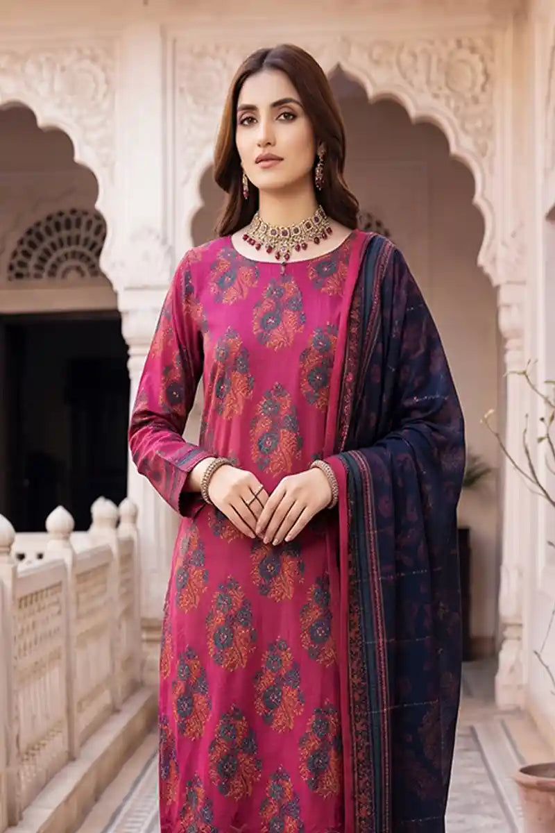 Zesh - 3PC Unstitched Embroidered Lawn Suit (Deep Magenta & Midnight Navy)
