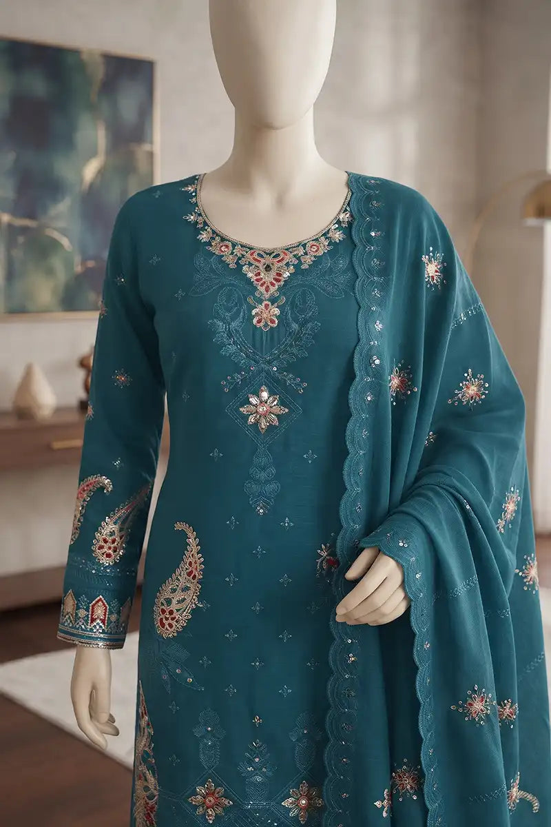 Marvi by Breeza Fashion - 3PC Unstitched Embroidered Lawn Suit (Peacock Blue)